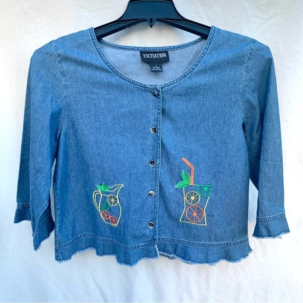 Vintage Excitation Denim Embroidered Appliqué Spring Summer Button Up Sz Medium - Picture 1 of 8
